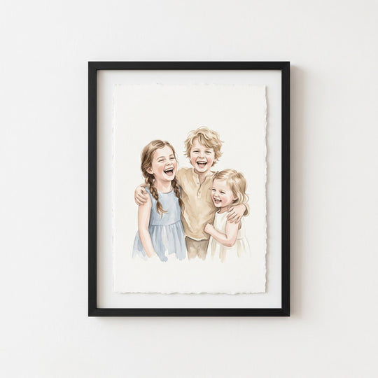 Personalised watercolour portrait of three siblings laughing together, in a black frame