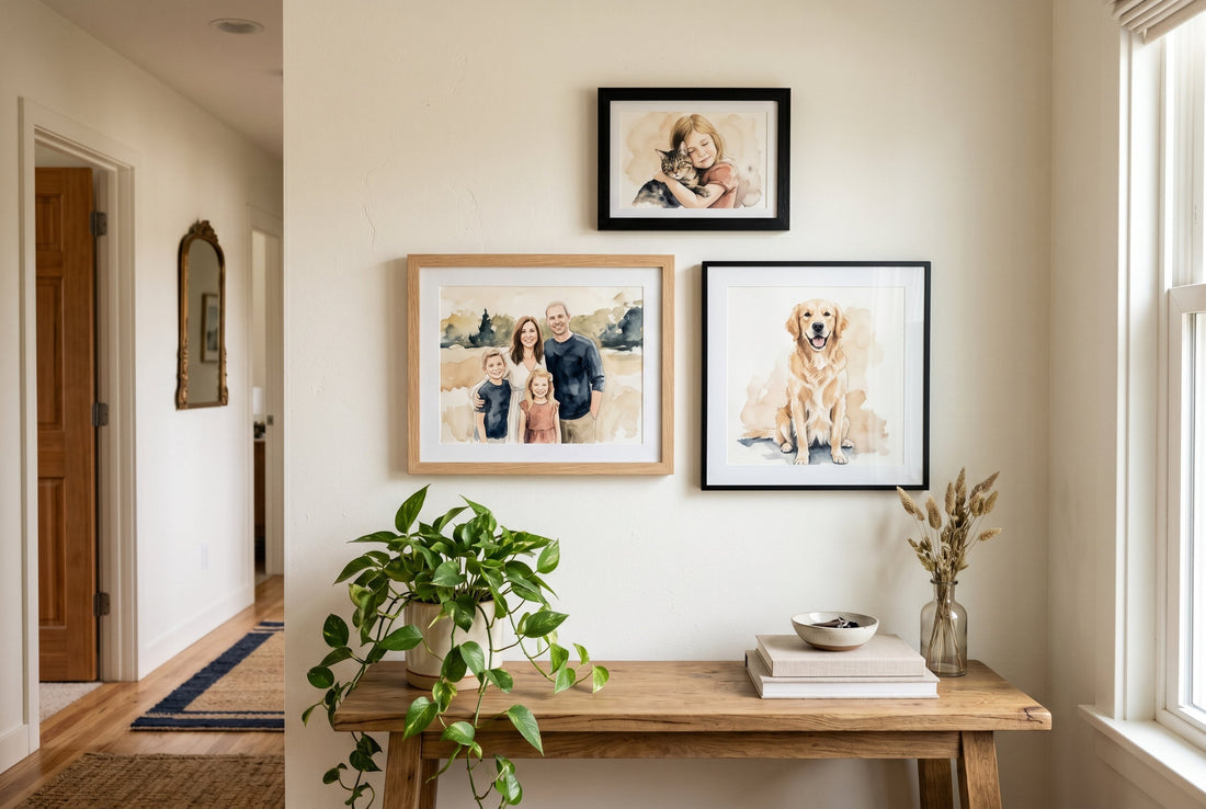 Framed personalised watercolour prints arranged on a gallery wall