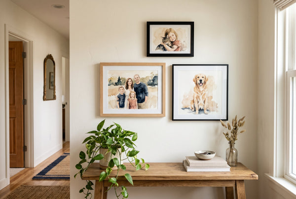 Framed personalised watercolour prints arranged on a gallery wall