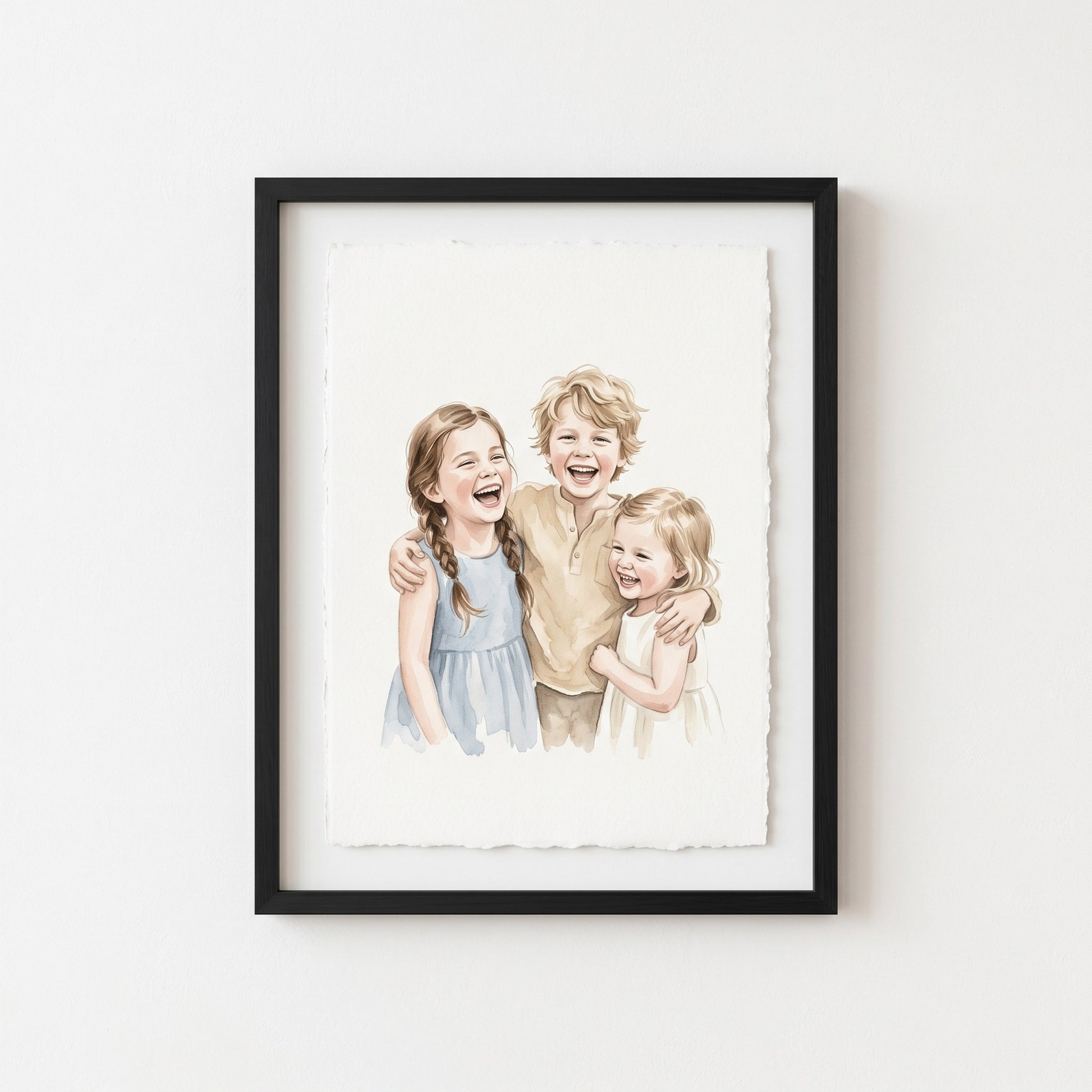 Personalised watercolour portrait of three siblings laughing together, in a black frame
