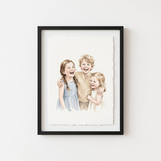 Personalised watercolour portrait of three siblings laughing together, in a black frame