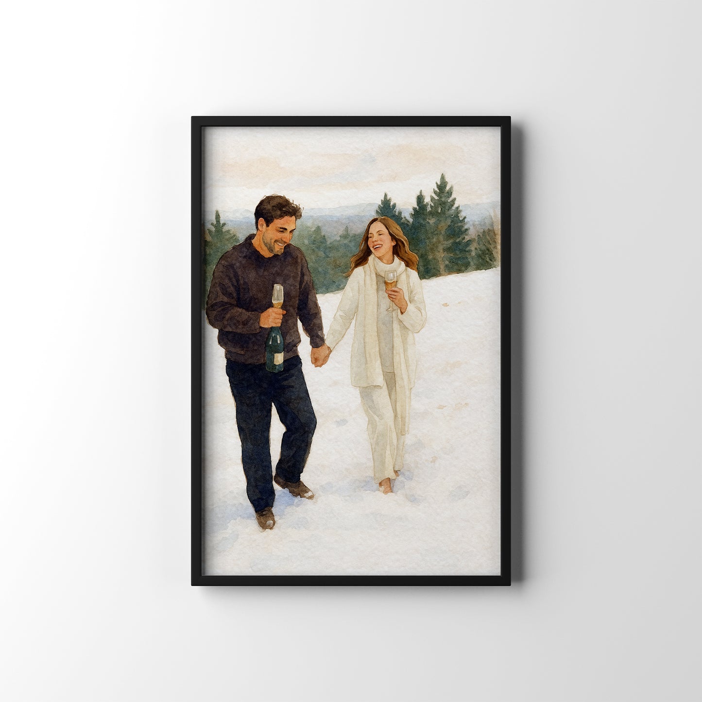 Snowy Couple Stroll – personalised watercolour art print