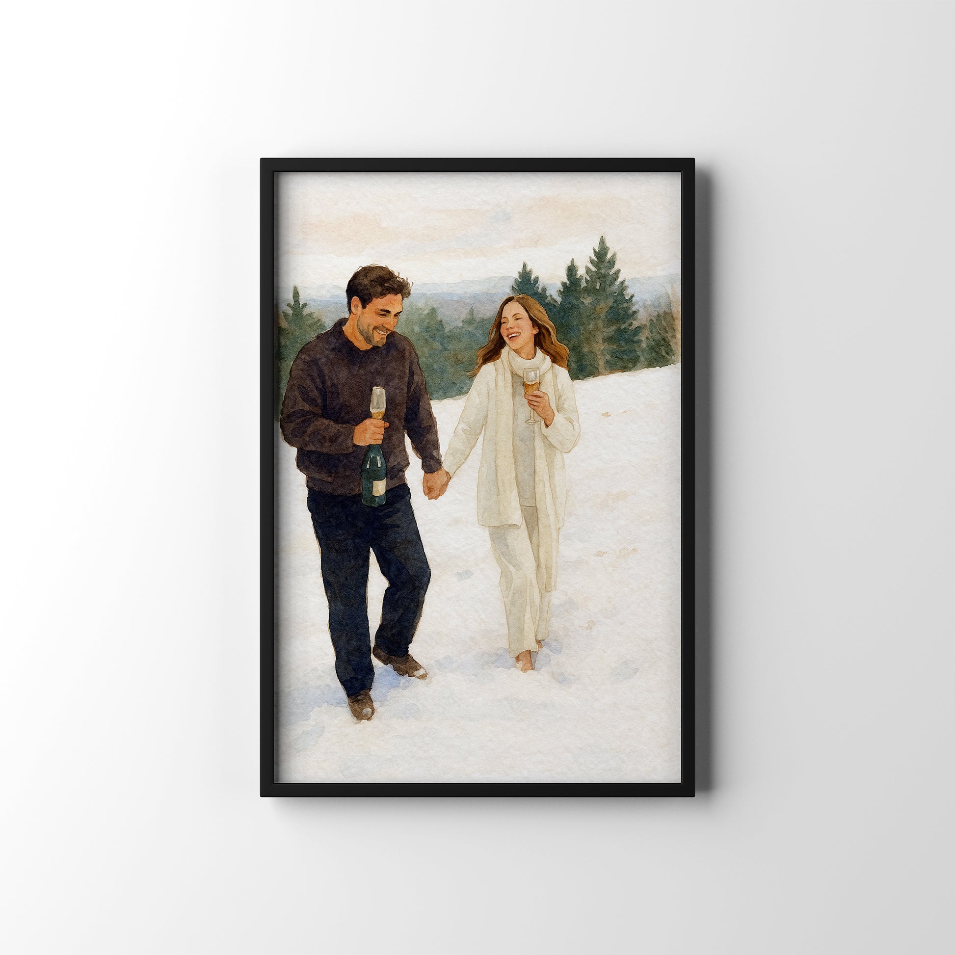 Snowy Couple Stroll – personalised watercolour art print