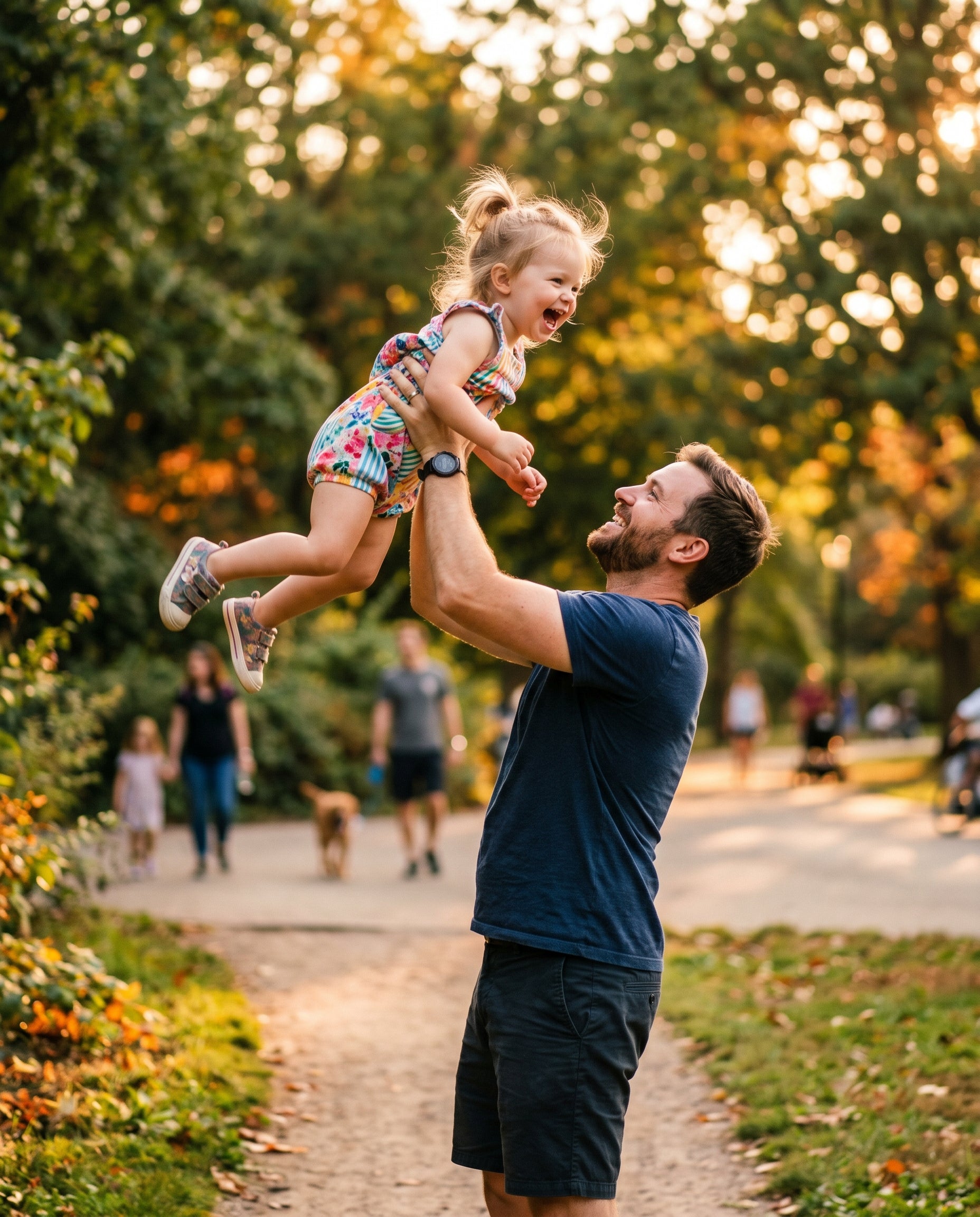 A customer photo of a dad lifting his laughing child