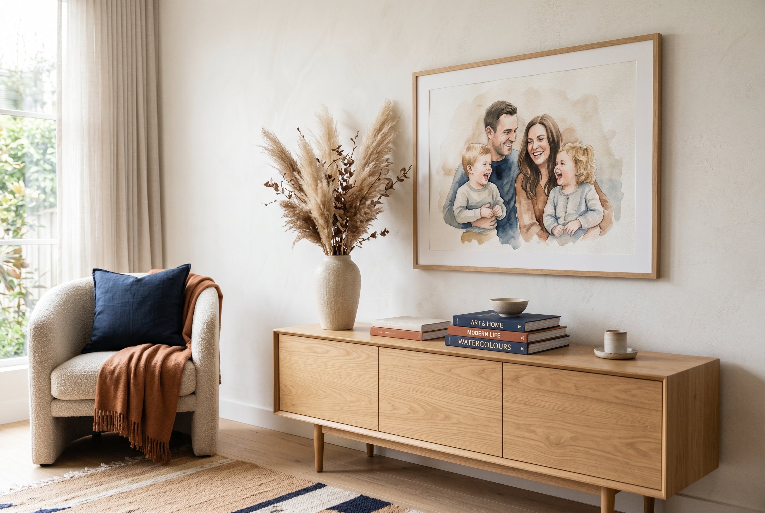 A watercolour portrait hanging in a warm living room